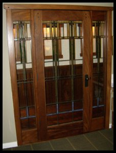 Single lite French door with with sidelites and FLW inspired leaded glass
