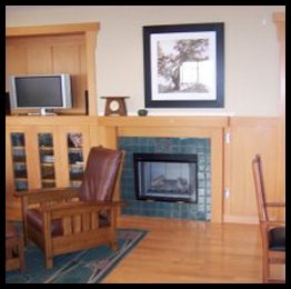 Craftsman style fireplace surround, Entertainment alcove and wainscot